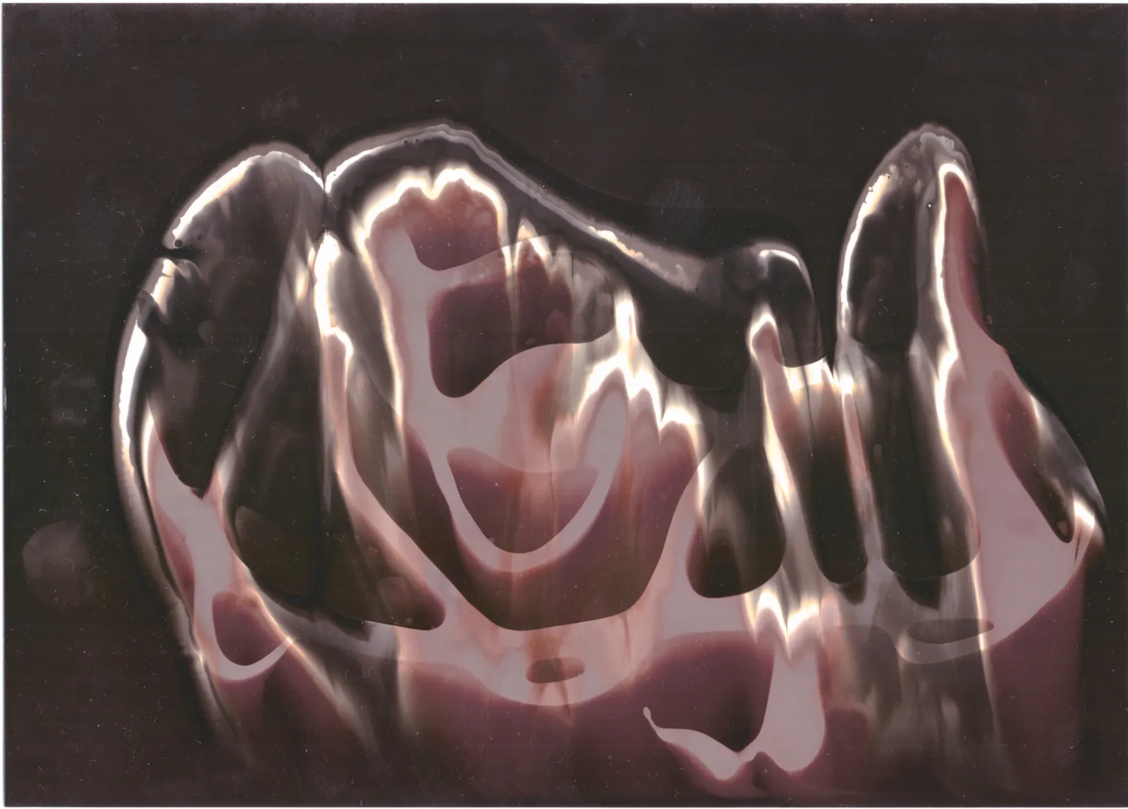 Glossy, rose-like pale forms on a dark ground