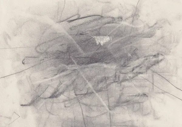 Tangle of smudged graphite lines on cream paper with a small patch of scraped white near the centre