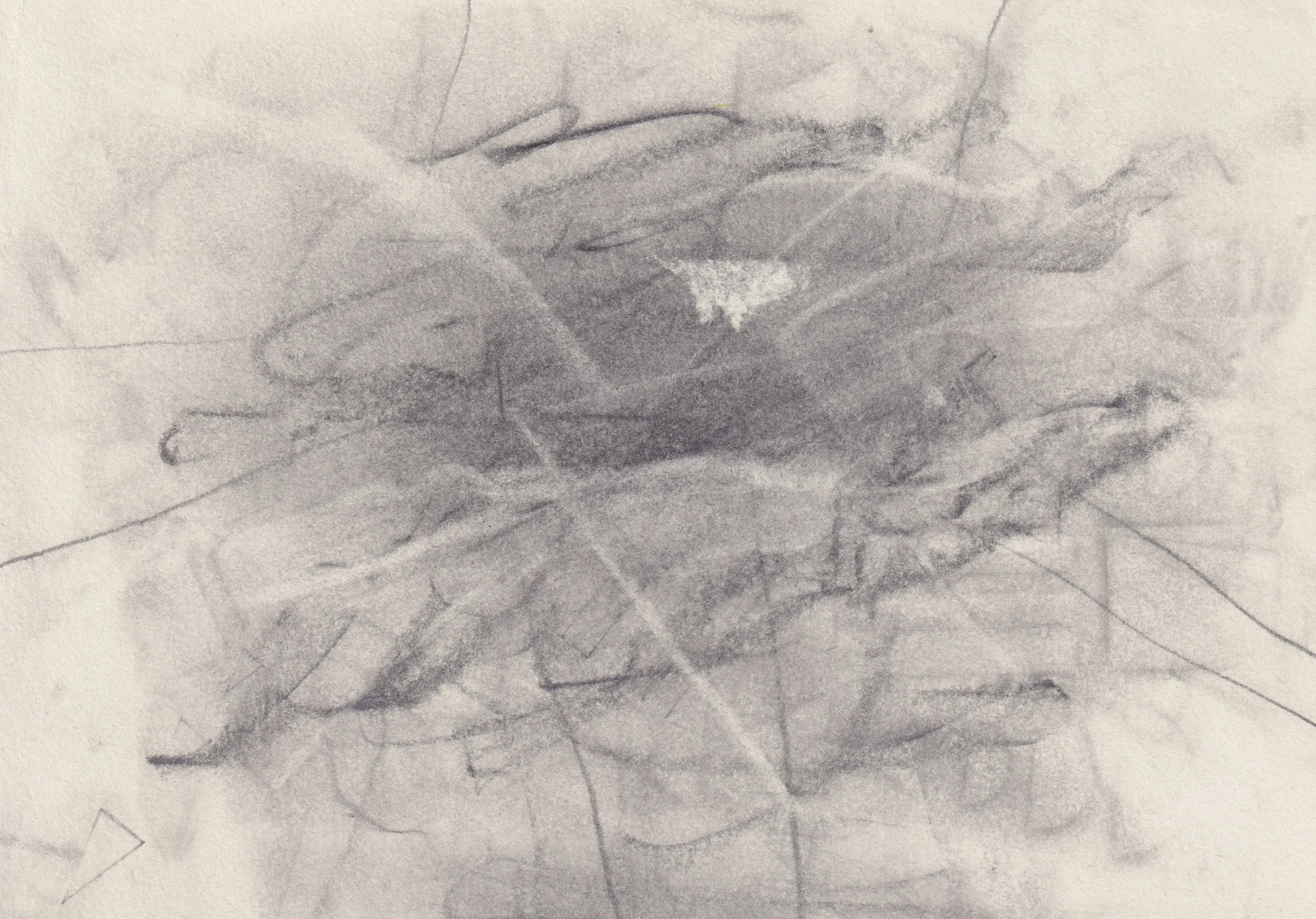 Tangle of smudged graphite lines on cream paper with a small patch of scraped white near the centre