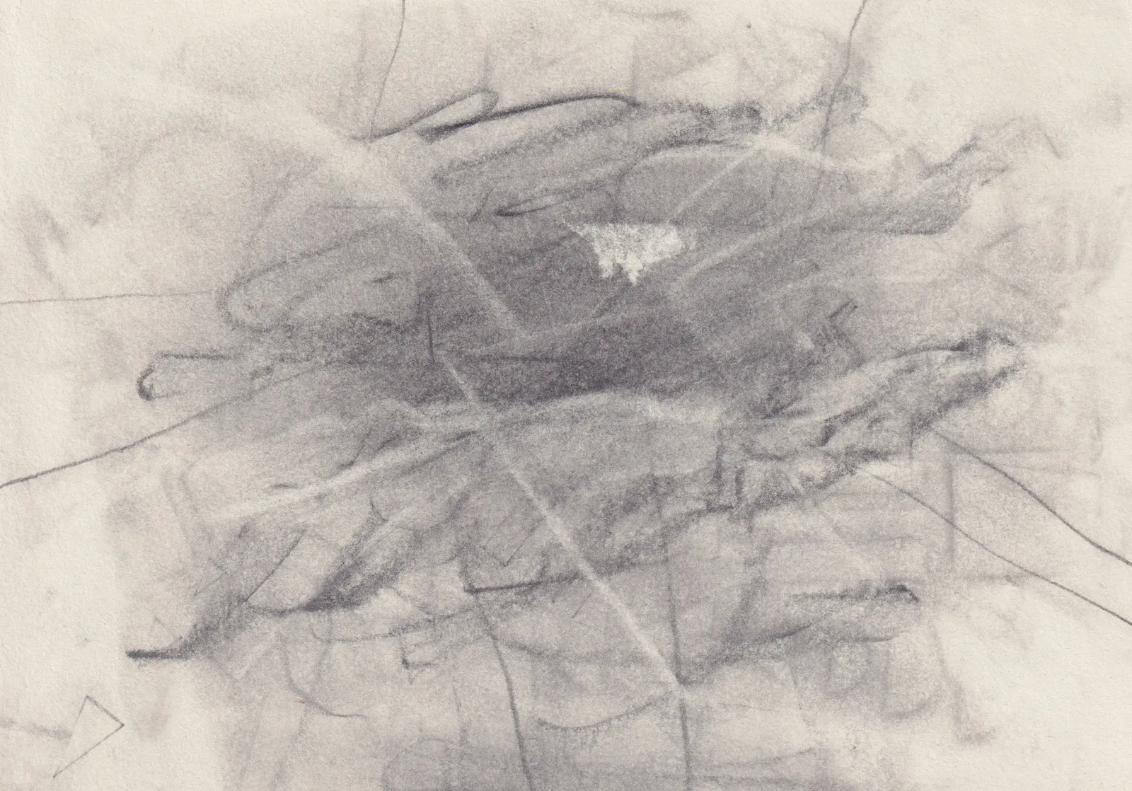 Tangle of smudged graphite lines on cream paper with a small patch of scraped white near the centre