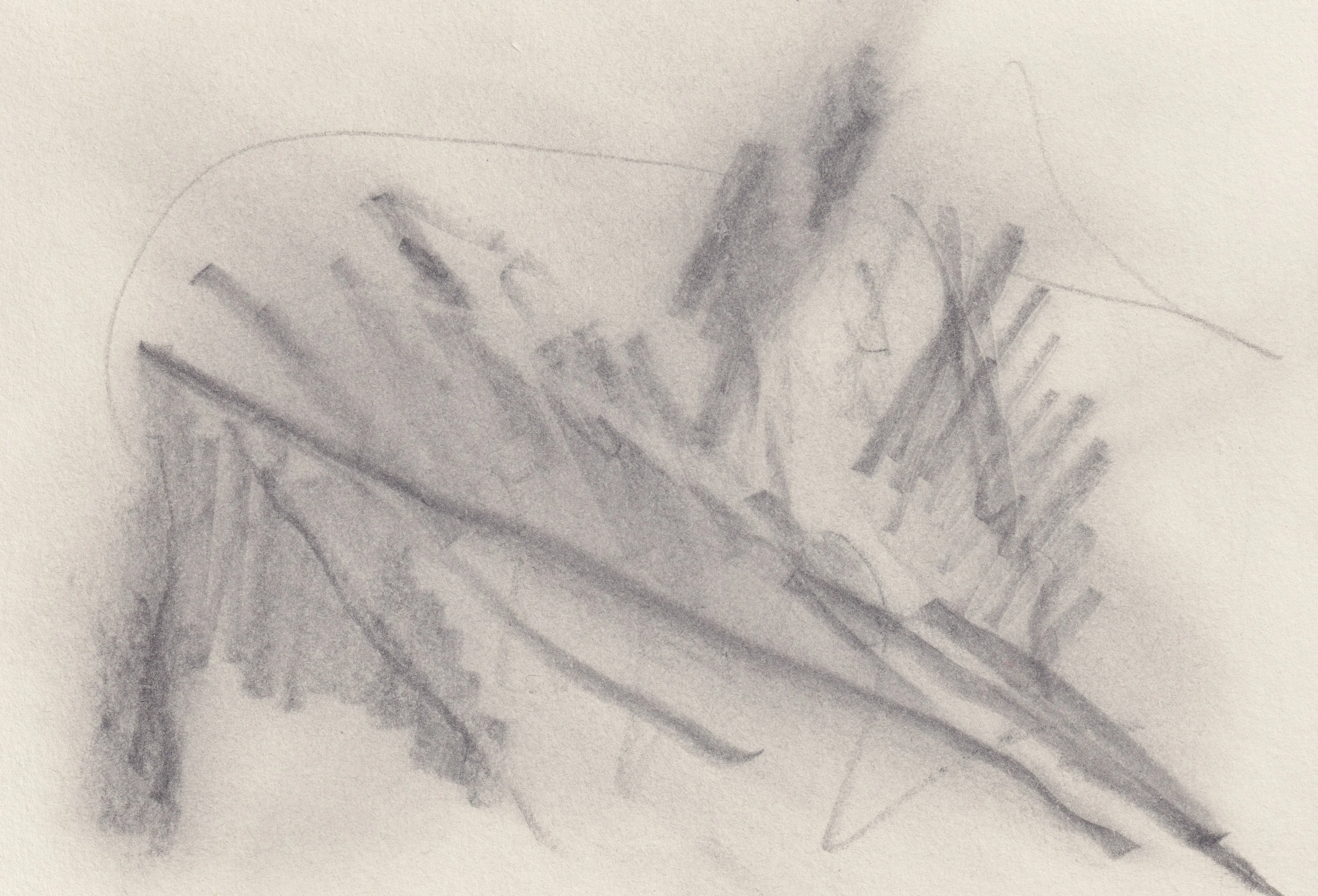 Short hatched strokes fanning out above a long shallow diagonal line on cream paper