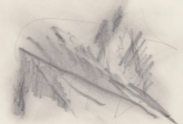 Short hatched strokes fanning out above a long shallow diagonal line on cream paper