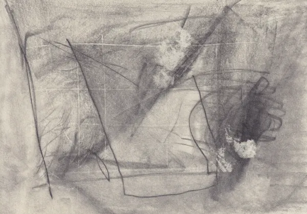 Horizontal graphite drawing on cream paper: a tilted square frame to the left of a dark knot, with two rough scraped-white patches