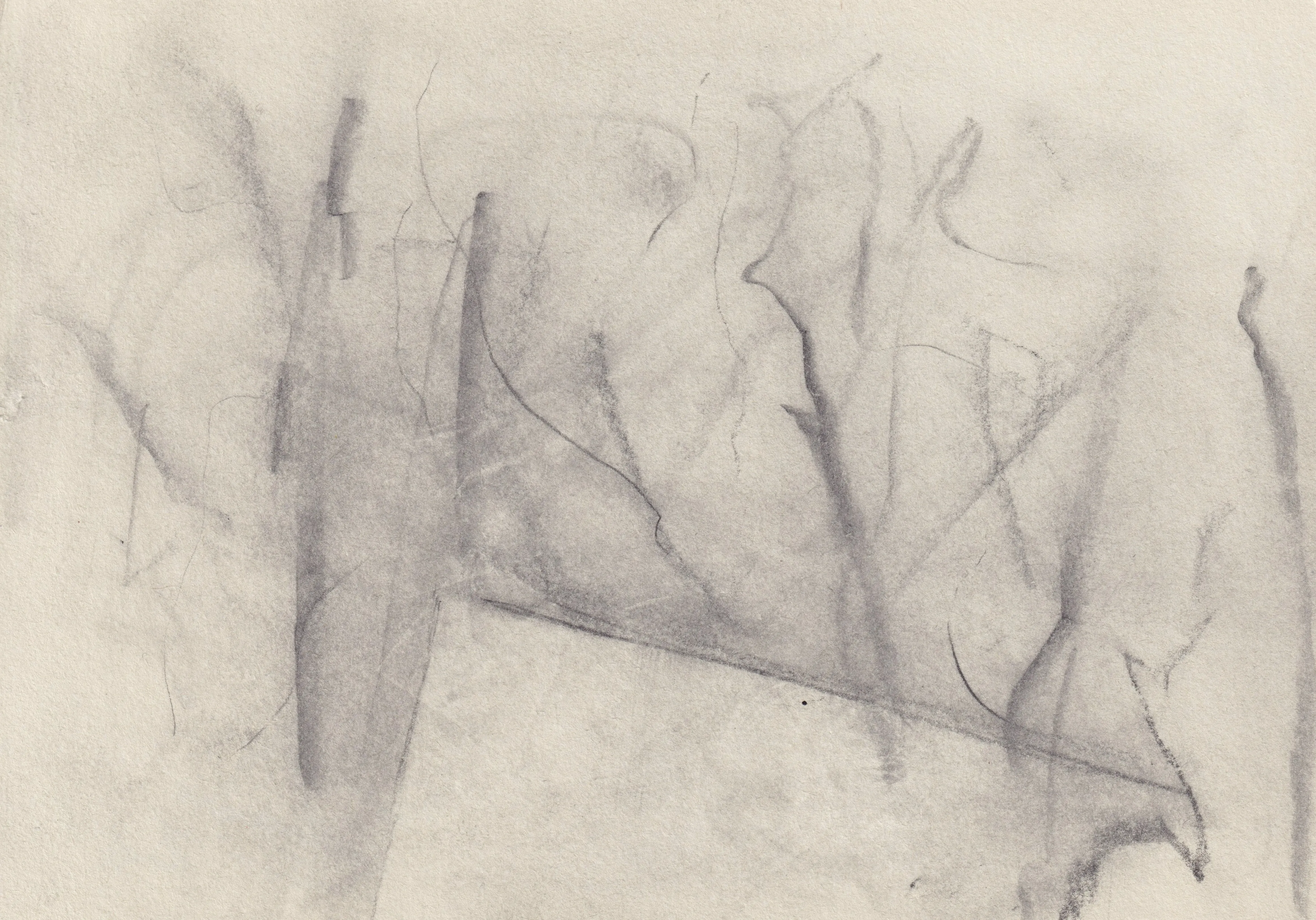 Faint horizontal graphite drawing on cream paper: branching lines around a long sail-like triangle