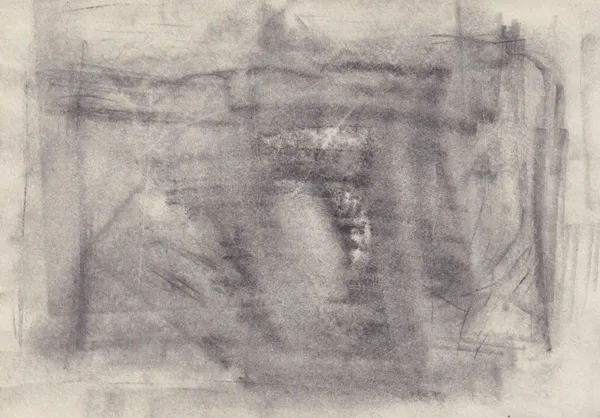 Horizontal drawing of heavily smudged graphite forming a dark doorway shape with a pale scraped patch inside