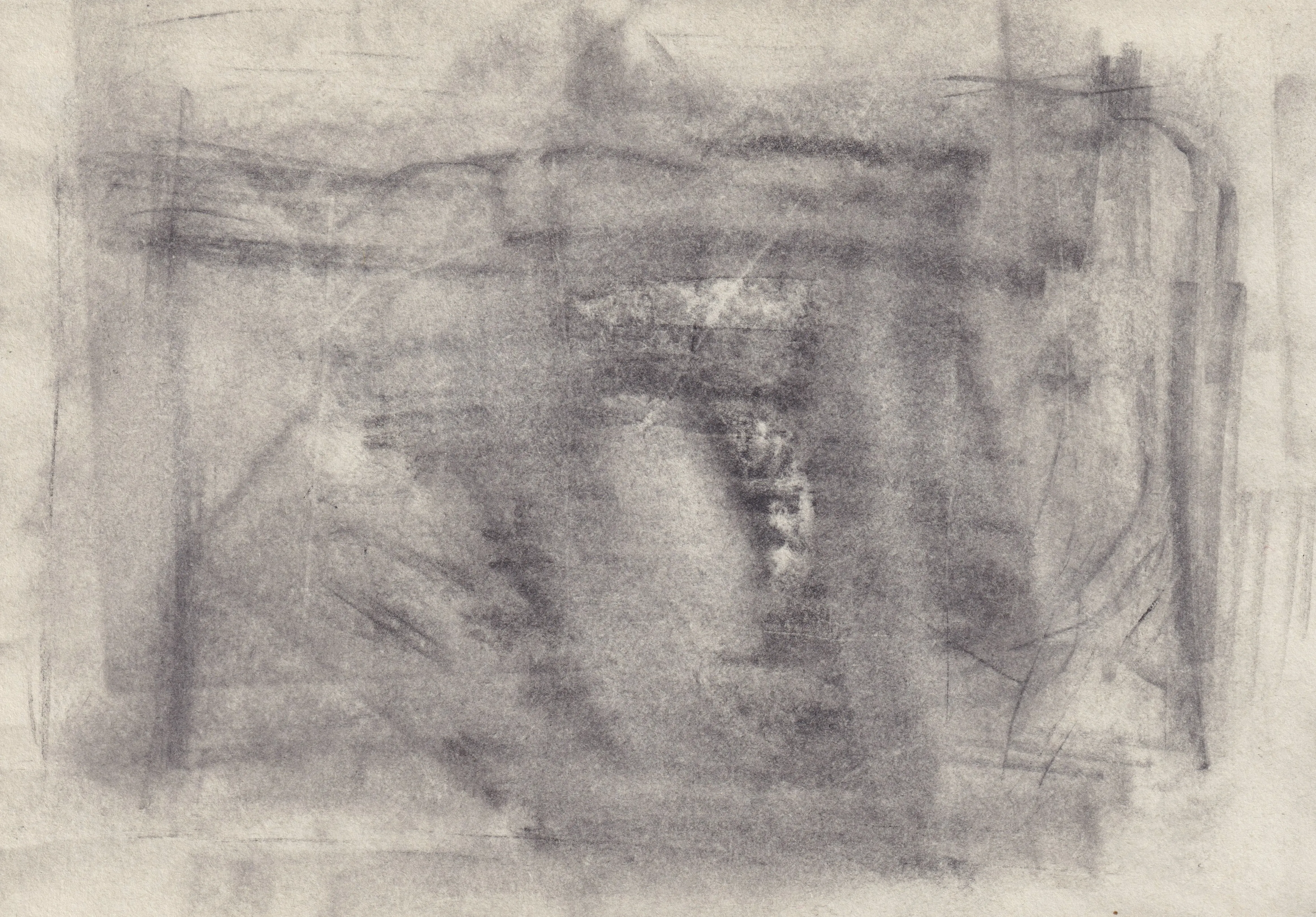 Horizontal drawing of heavily smudged graphite forming a dark doorway shape with a pale scraped patch inside