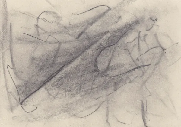 Horizontal graphite drawing on cream paper: a shaded wedge along a strong diagonal with loose looping lines around it