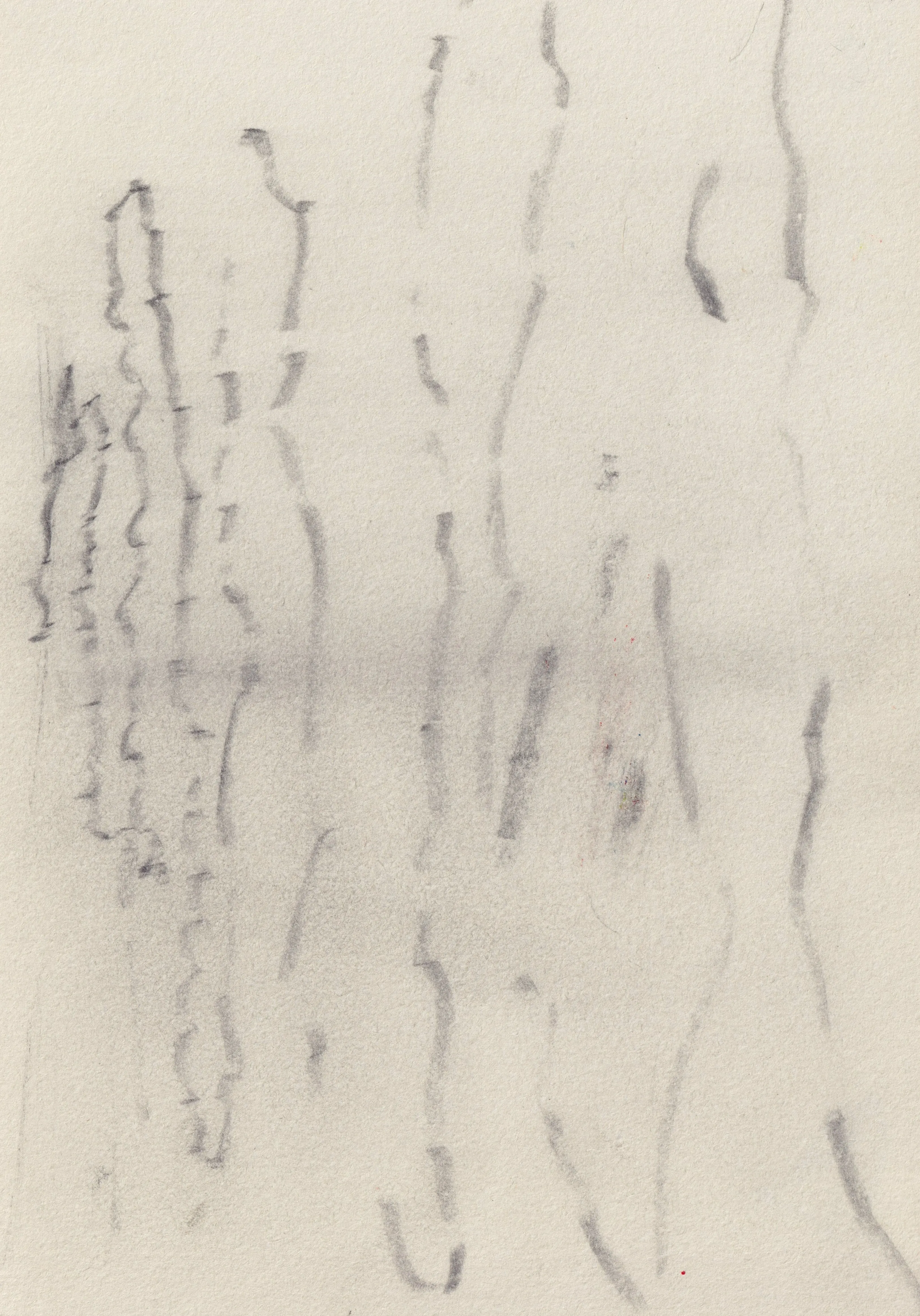 Upright sheet of cream paper with wavering vertical columns of small broken marks
