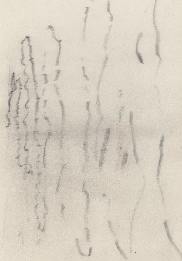 Upright sheet of cream paper with wavering vertical columns of small broken marks