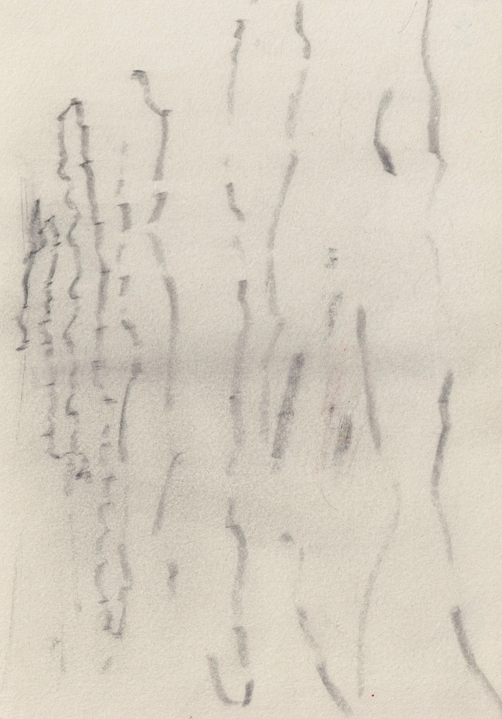 Upright sheet of cream paper with wavering vertical columns of small broken marks
