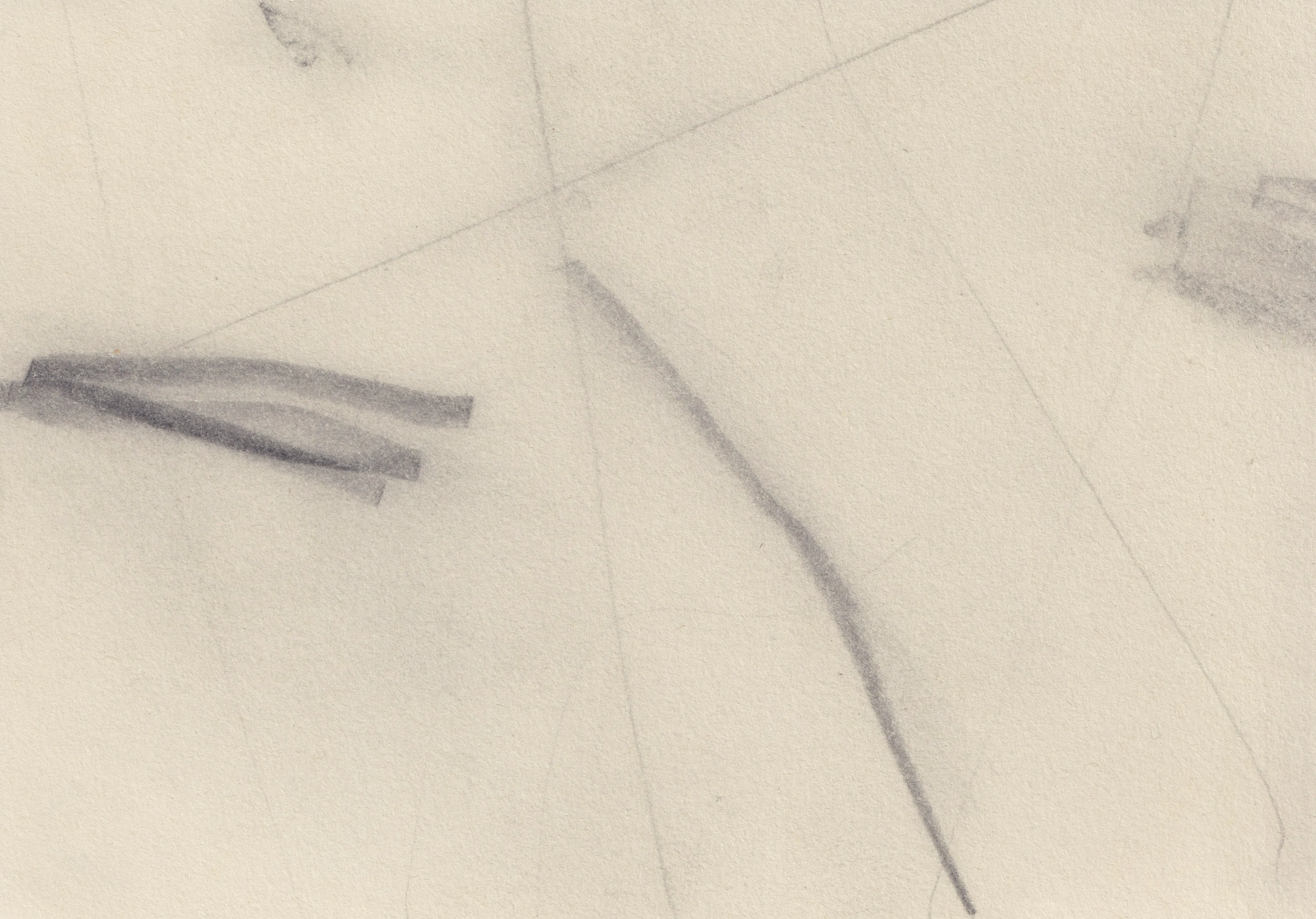 Sparse horizontal drawing on cream paper: a short dark stroke at the left, one curved line and faint ruled diagonals