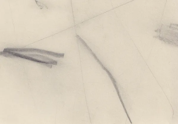 Sparse horizontal drawing on cream paper: a short dark stroke at the left, one curved line and faint ruled diagonals
