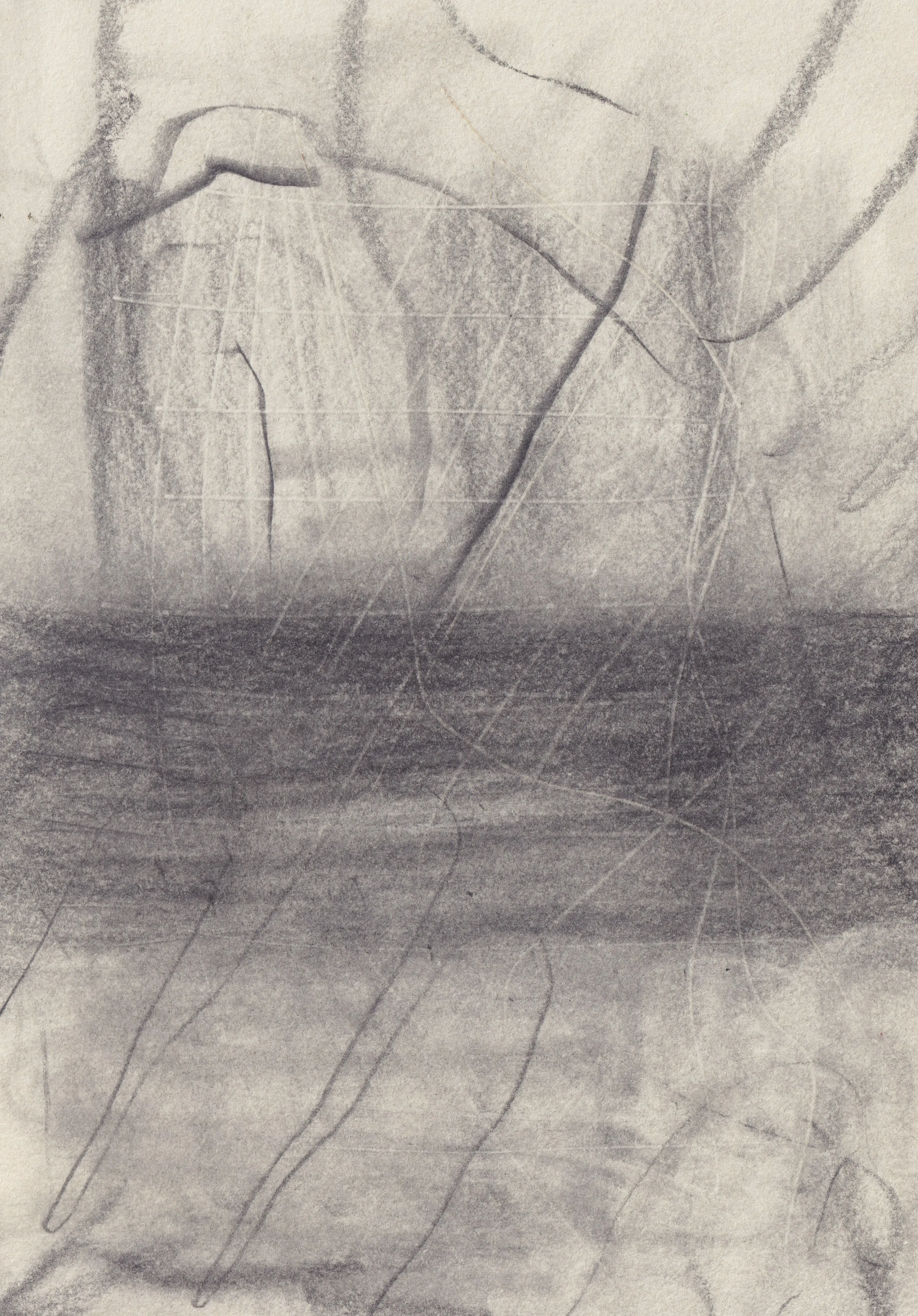 Upright graphite drawing on cream paper with a dense dark horizontal band across the middle and thin vertical lines above