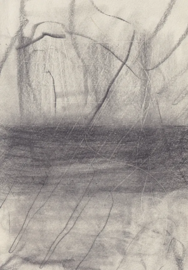 Upright graphite drawing on cream paper with a dense dark horizontal band across the middle and thin vertical lines above