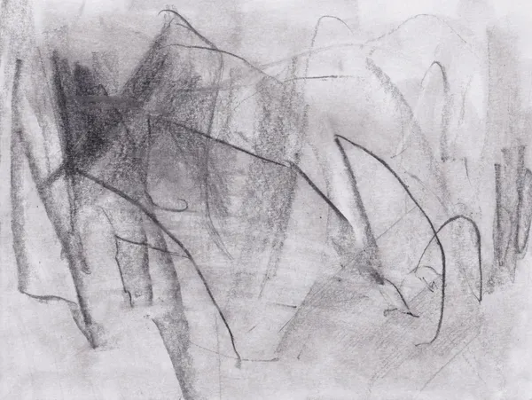 Graphite drawing on white paper: sweeping curved lines and peaks with a dark wedge at upper left