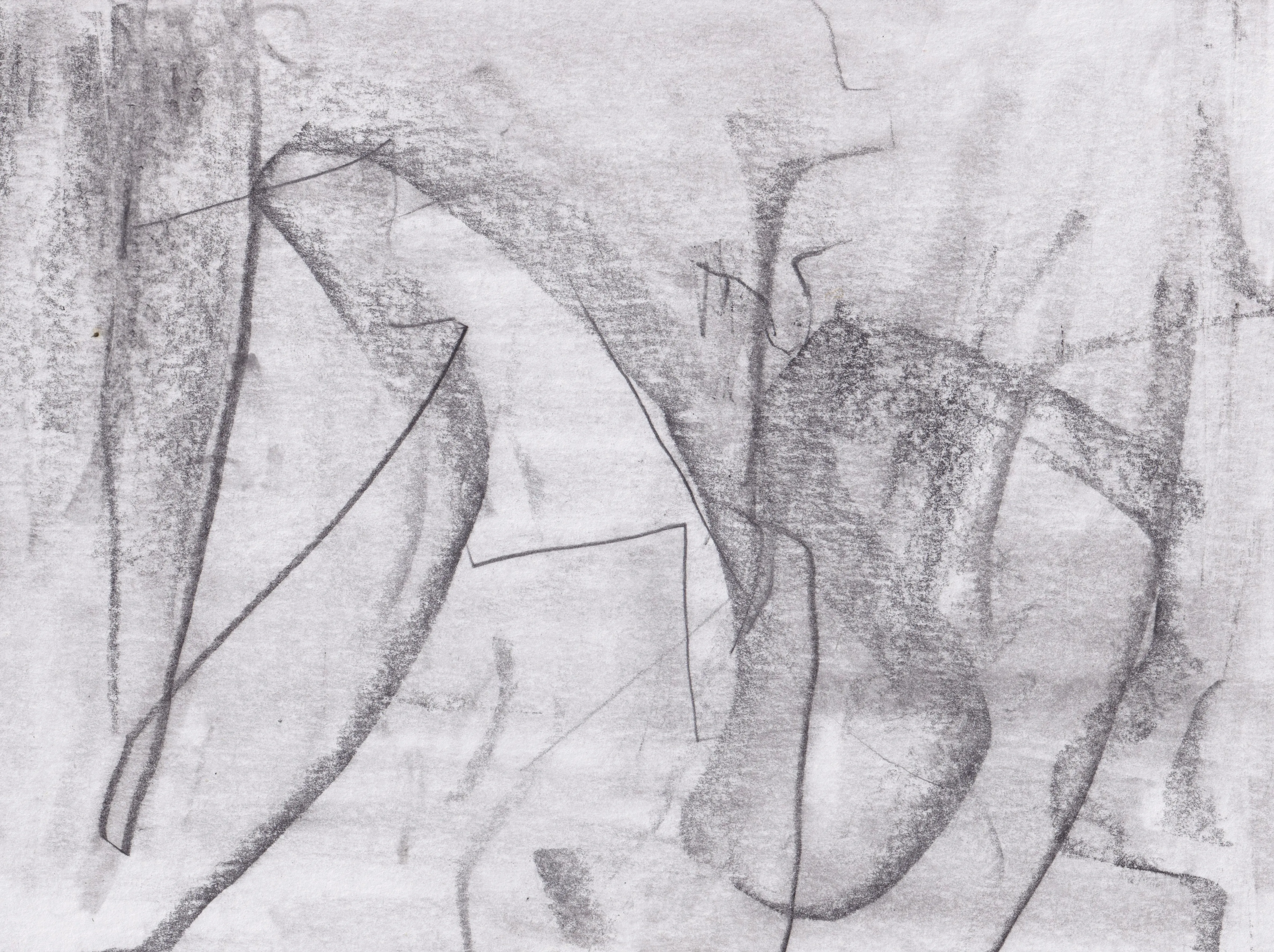 Graphite drawing on white paper: a leaf-like arc on the left and a rounded column shape on the right