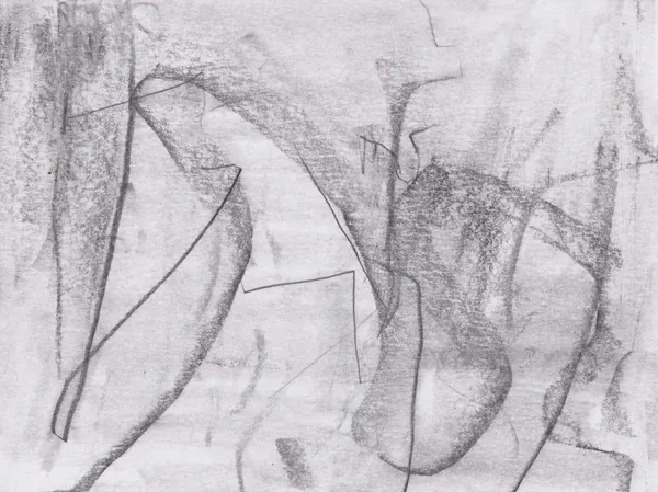 Graphite drawing on white paper: a leaf-like arc on the left and a rounded column shape on the right