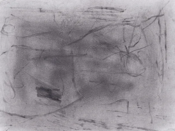 Dark smudged graphite field on white paper with thin scratched lines and a small black bar at lower left