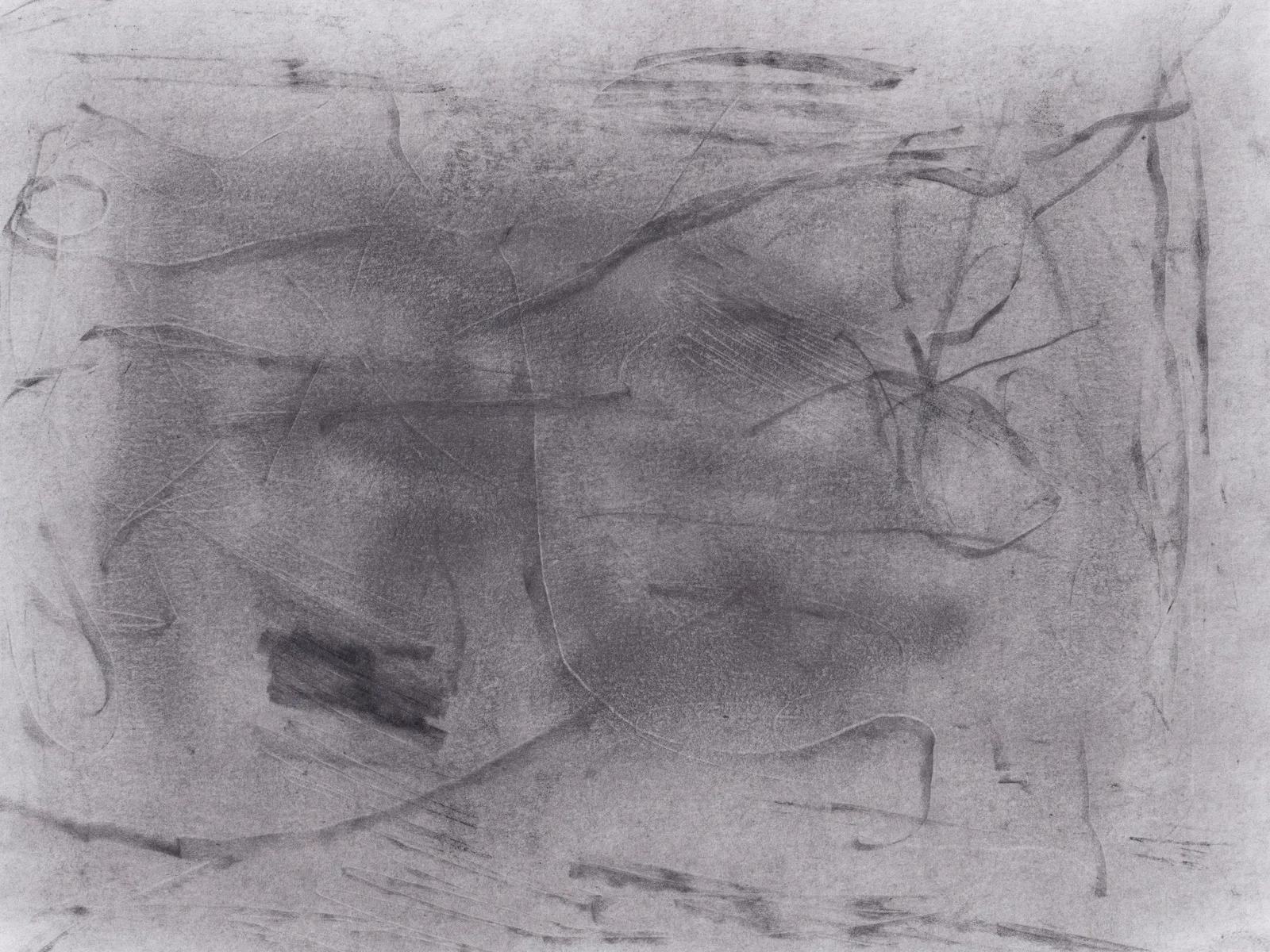 Dark smudged graphite field on white paper with thin scratched lines and a small black bar at lower left