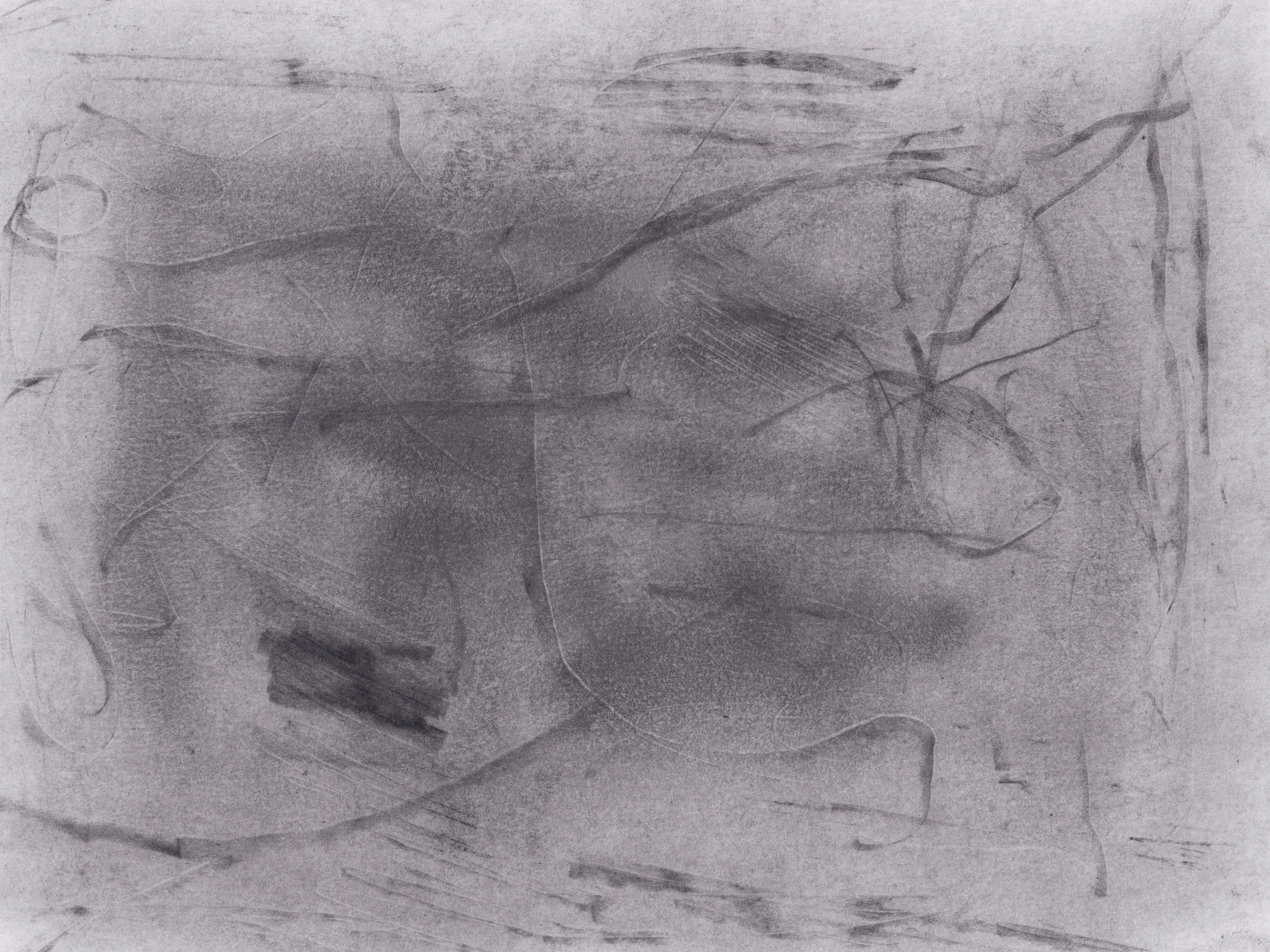 Dark smudged graphite field on white paper with thin scratched lines and a small black bar at lower left