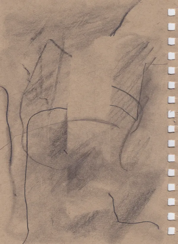 Pencil drawing on a brown sketchbook page with torn spiral-binding holes along the right-hand edge