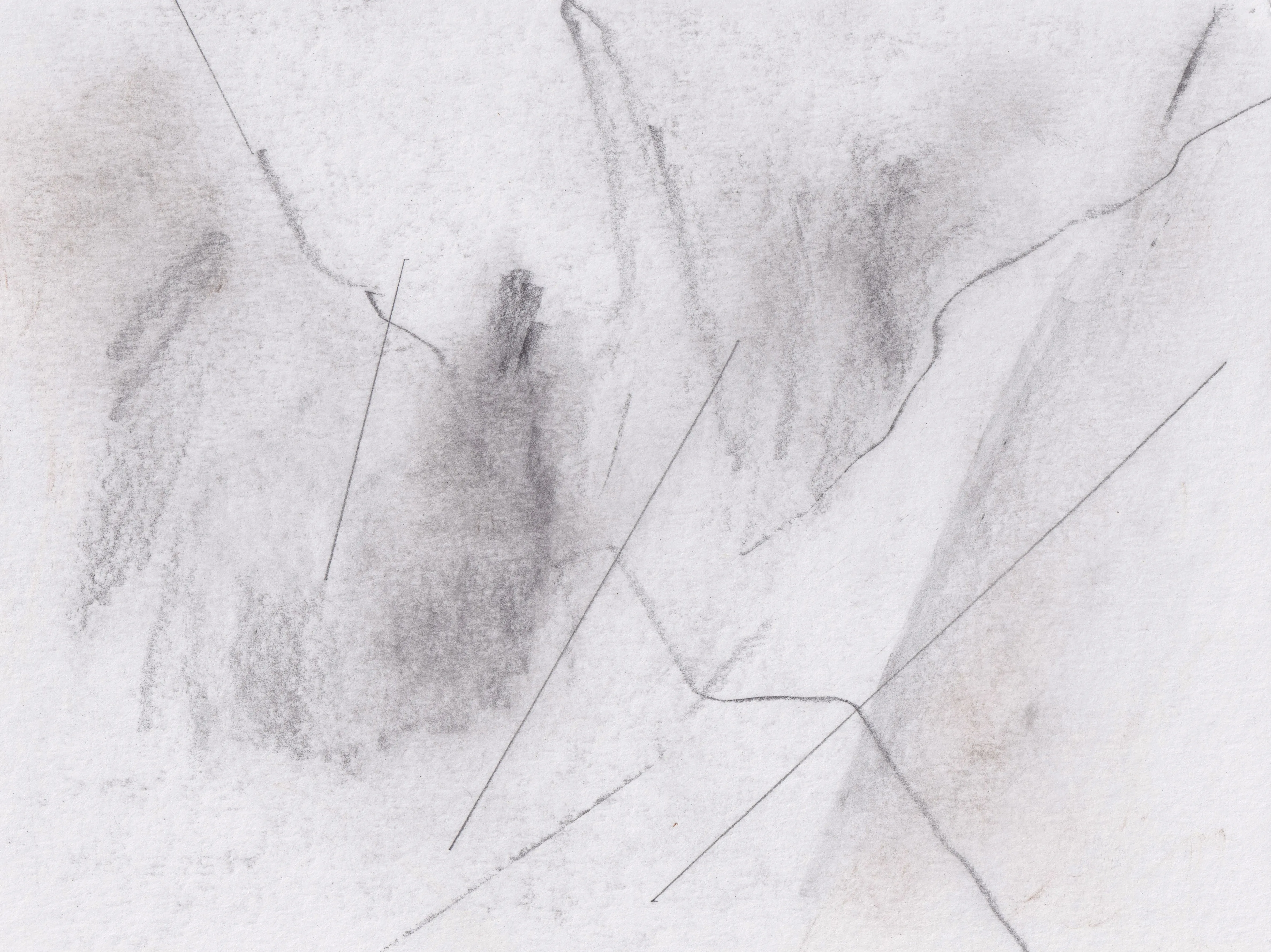 Pale graphite drawing on white paper: soft smudges crossed by fine straight and forked lines