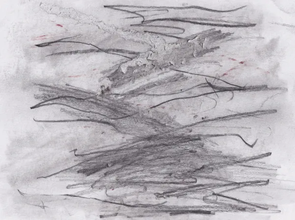 Dense horizontal graphite scribbles over a grey wash on white paper, with a few small red marks