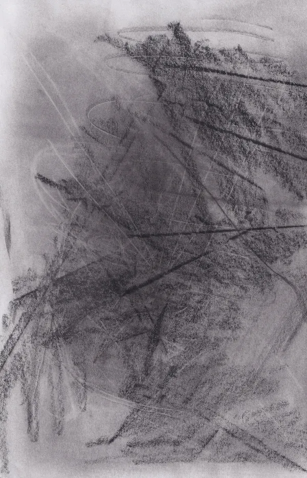 Heavy dark graphite hatching on white paper, crossed by thin straight lines, with a lighter haze at upper left