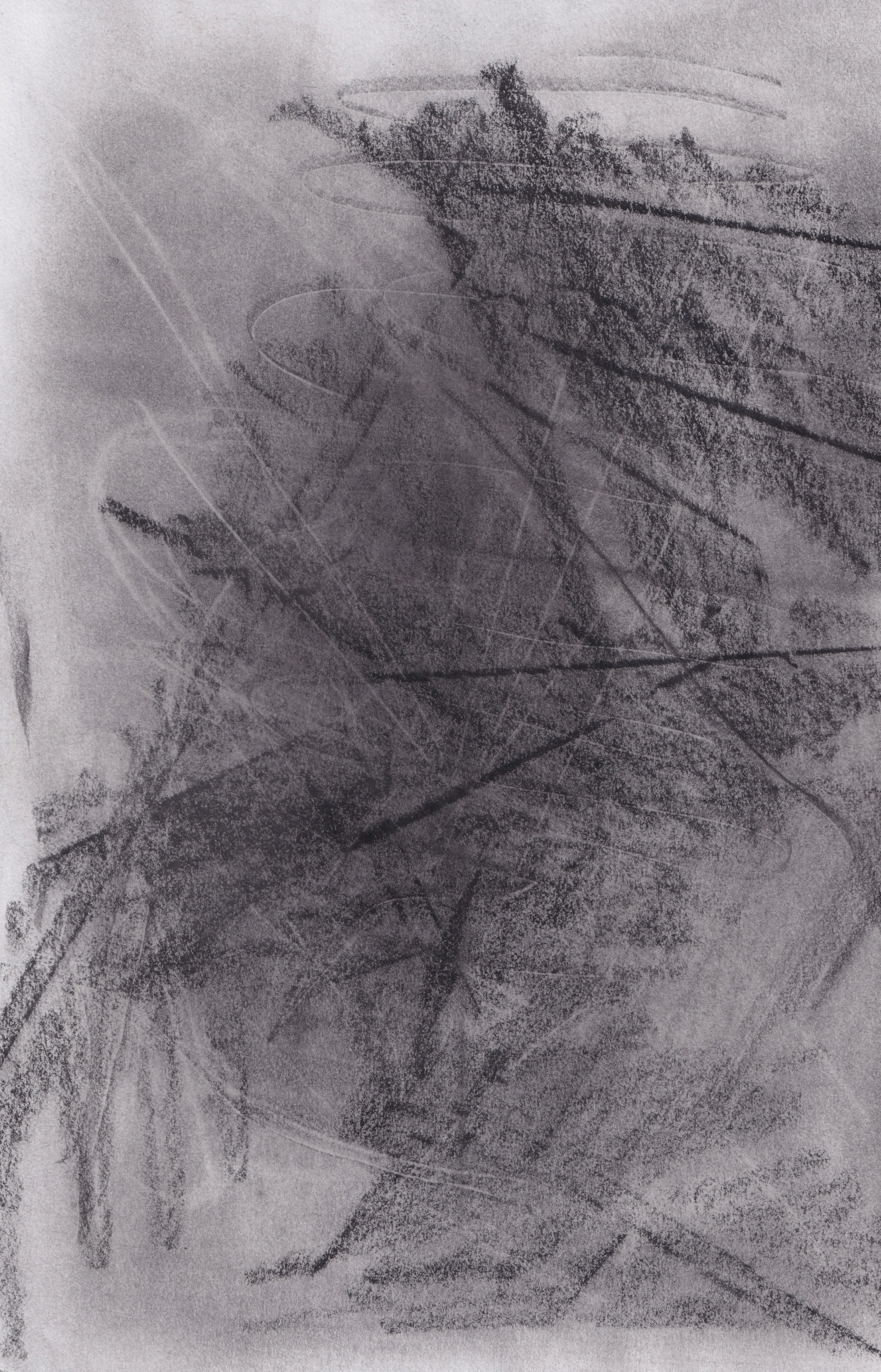 Heavy dark graphite hatching on white paper, crossed by thin straight lines, with a lighter haze at upper left