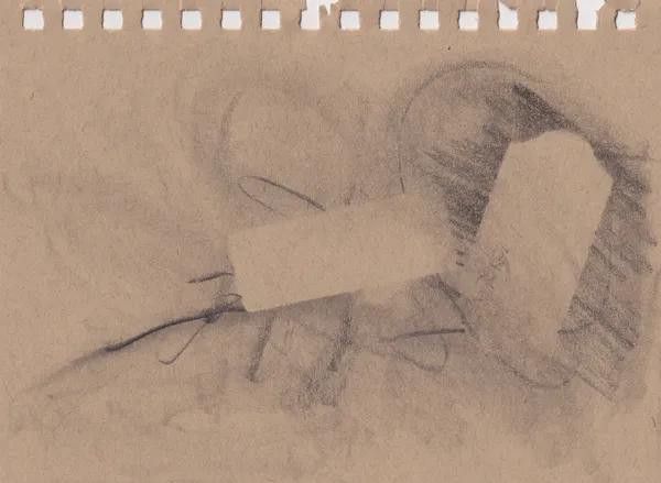 Pencil drawing on a brown sketchbook page: two bare blocks of paper left clear among soft shading and hatching, with a few dark looping lines and torn spiral-binding holes along the top edge
