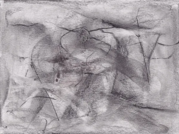 Graphite drawing on white paper: smudged grey shapes crossed by thin dark lines, with a small crumbled dark knot near the top centre