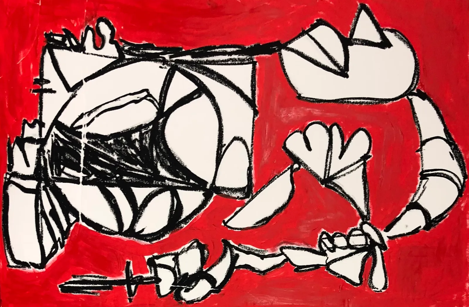 Bold black outlines of white, angular shapes, like a figure broken into pieces, on a flat bright red ground