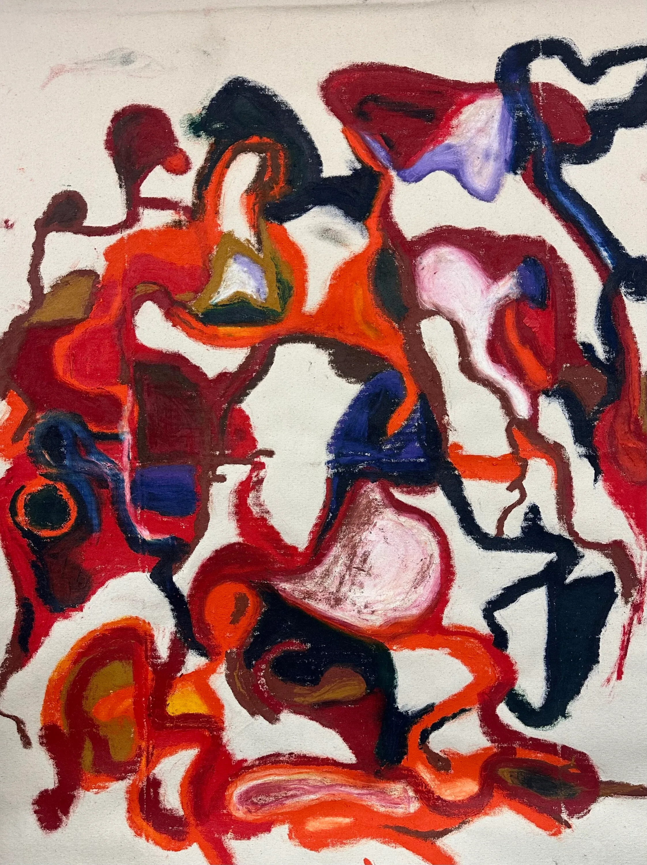 Upright sheet of looping red, orange and dark blue shapes on white, like interlocking puzzle pieces