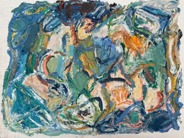 Heavily layered abstract of blue, green, cream and ochre strokes knotted across a linen ground