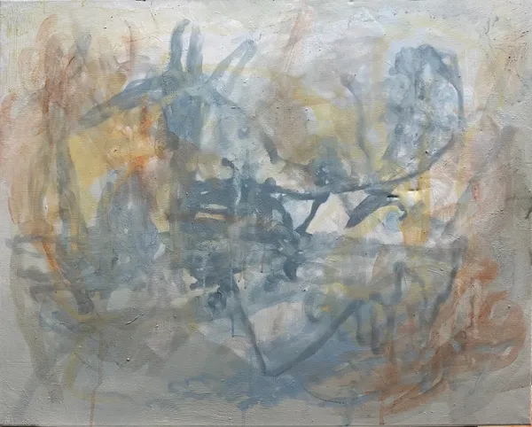 Hazy grey ground with tangled pale blue and rust-coloured brushstrokes drifting across it