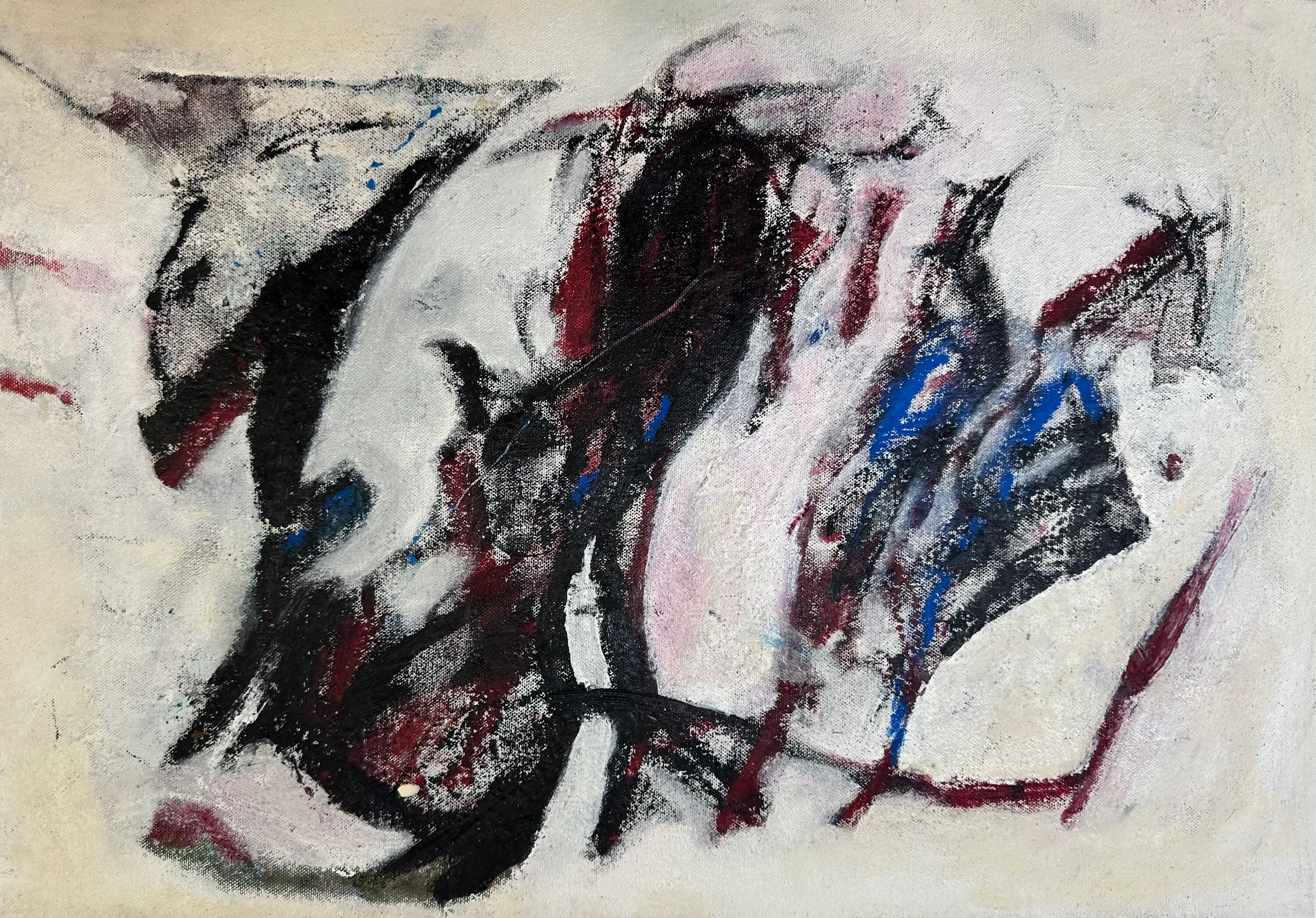 Rough black, maroon and blue marks swept across an off-white ground