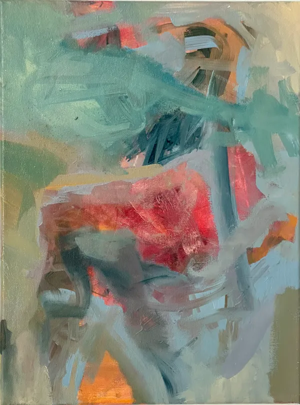 Upright canvas with a pale turquoise sweep across the top over patches of red, pink and grey-blue
