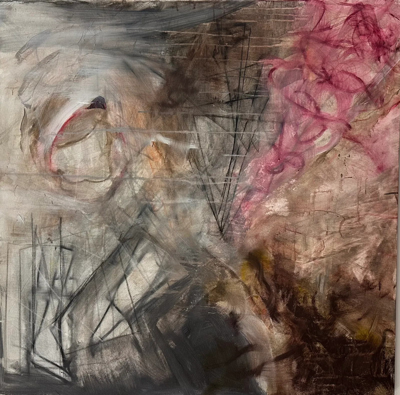 Smoky grey and brown ground with black charcoal lines and a cloud of pink scribbles at the upper right