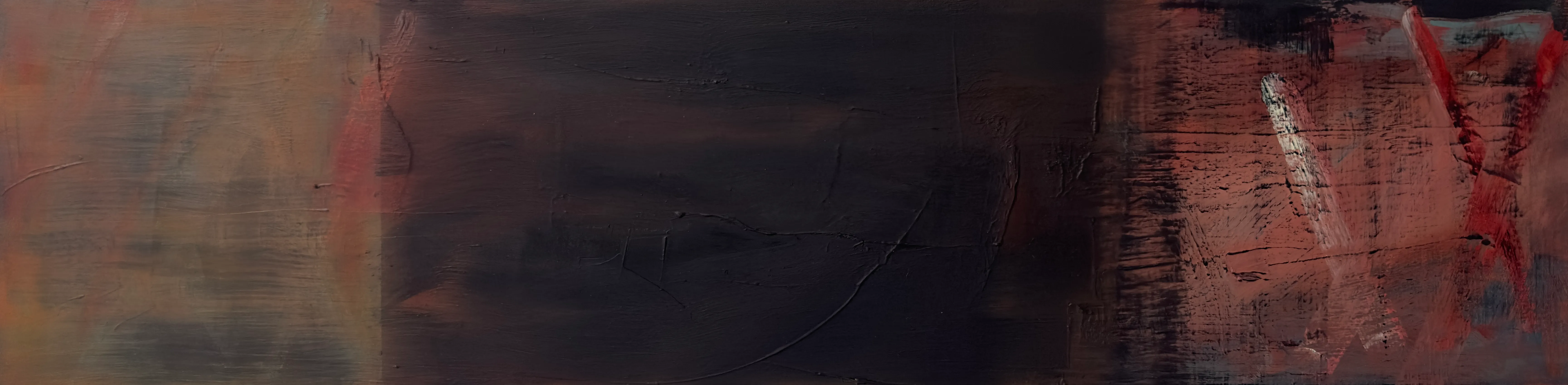 Long, narrow dark painting fading from brown to red