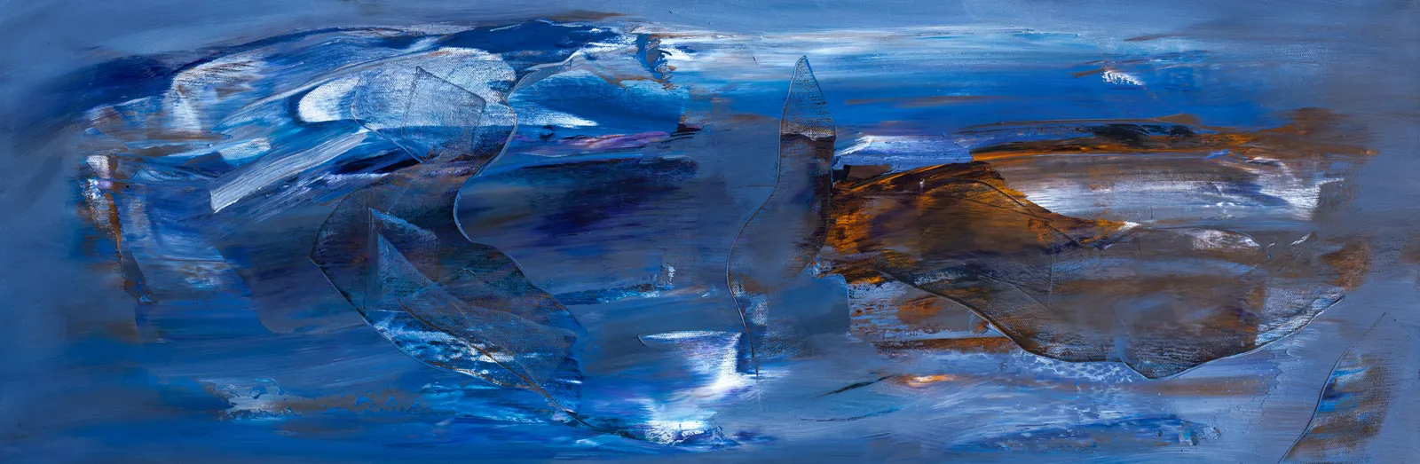 Long abstract of swirling blue strokes with a streak of ochre