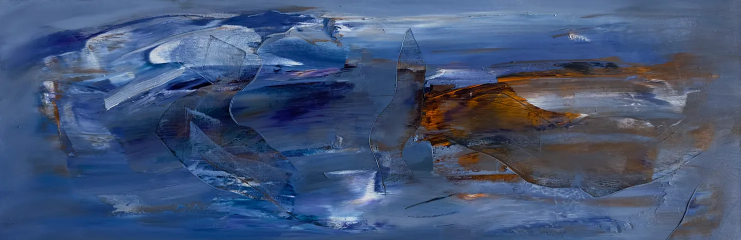 Long abstract of swirling blue strokes with a streak of ochre