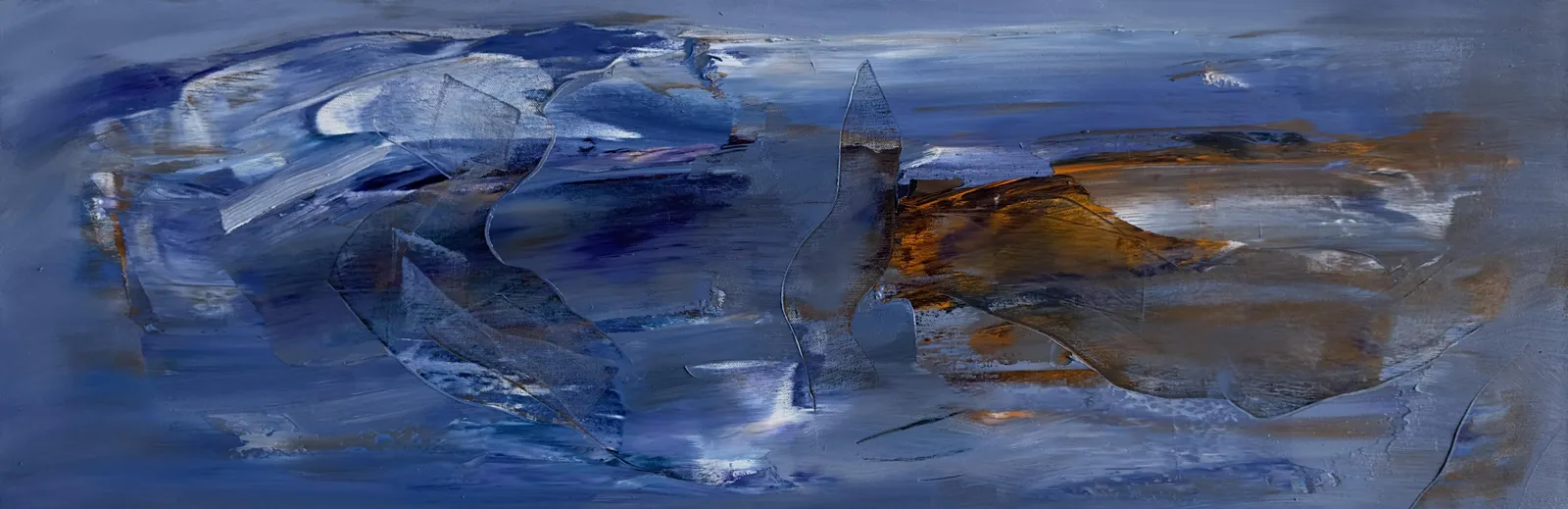 Long abstract of swirling blue strokes with a streak of ochre