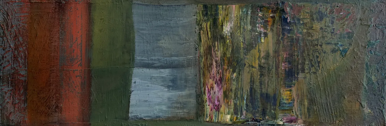 Long panel of vertical bands in rust, green, grey, and ochre