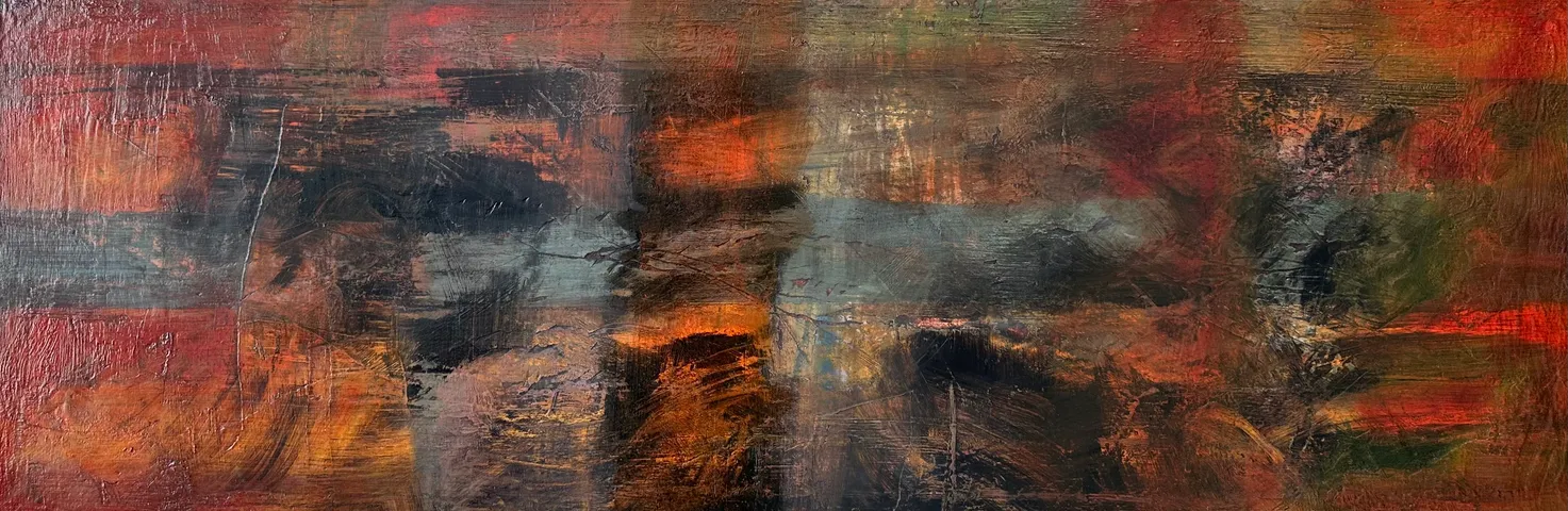 Long abstract of broken orange and black horizontal marks