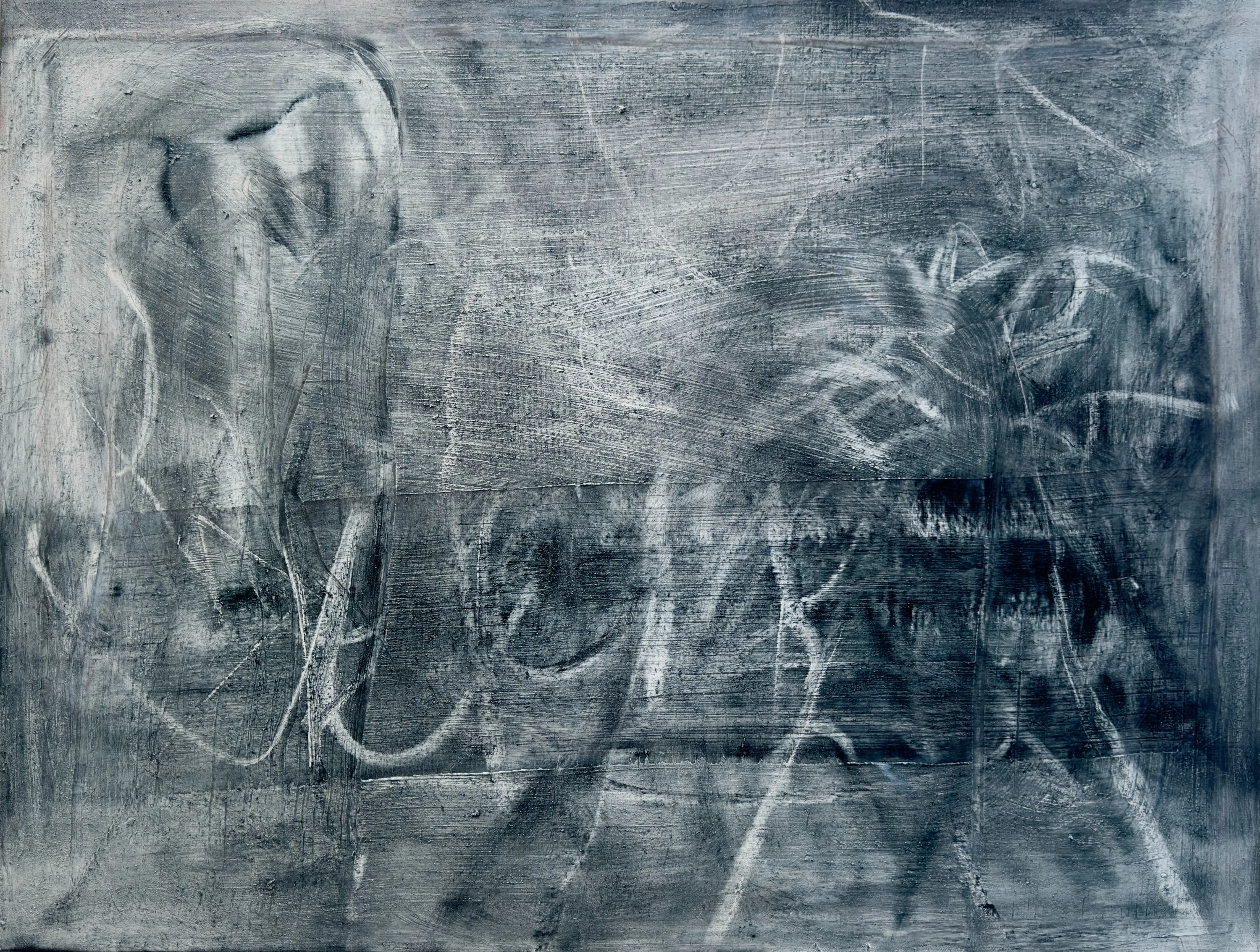 Grey and white abstract covered in chalky scribbled lines