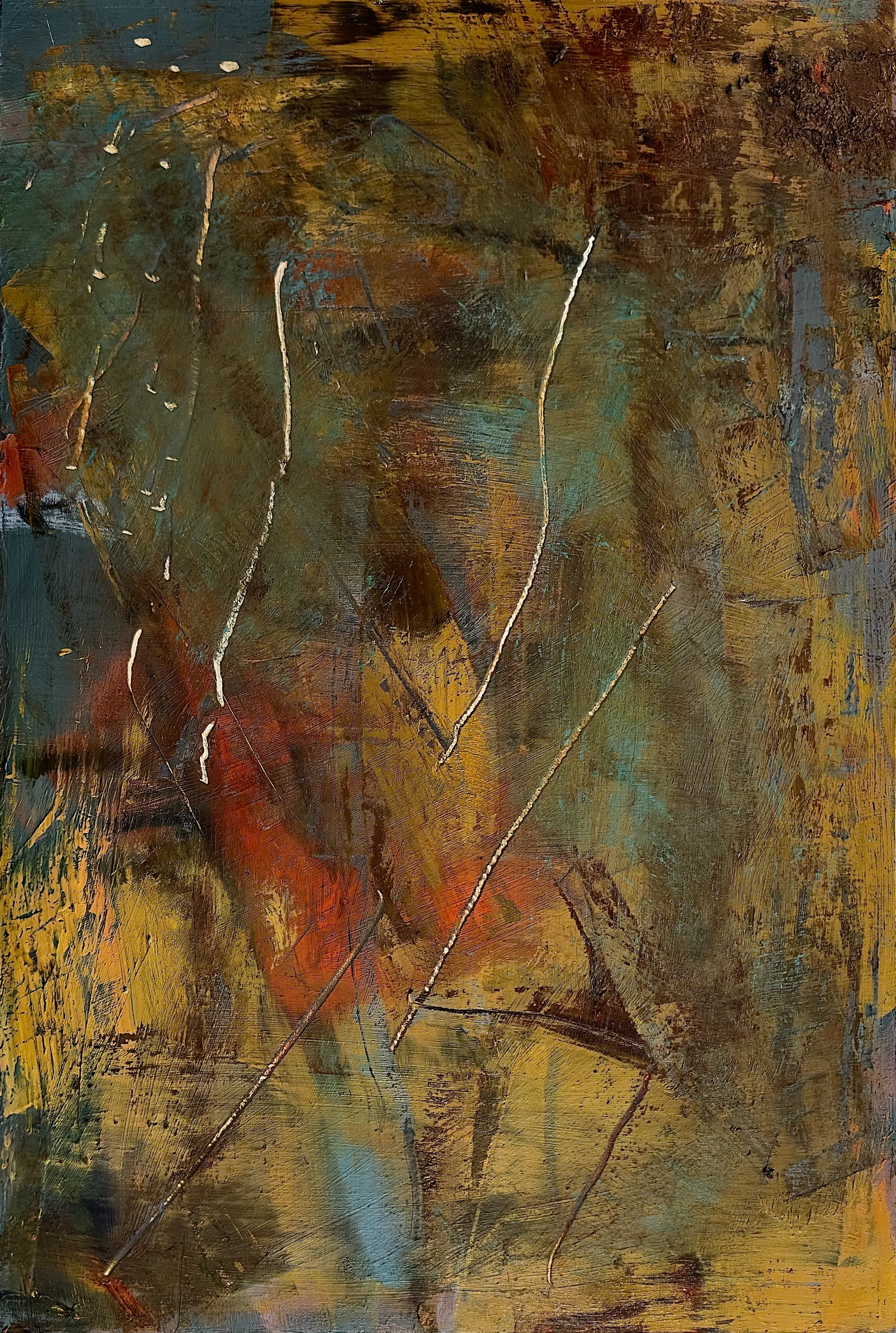 Tall ochre and teal abstract with fine scratched lines