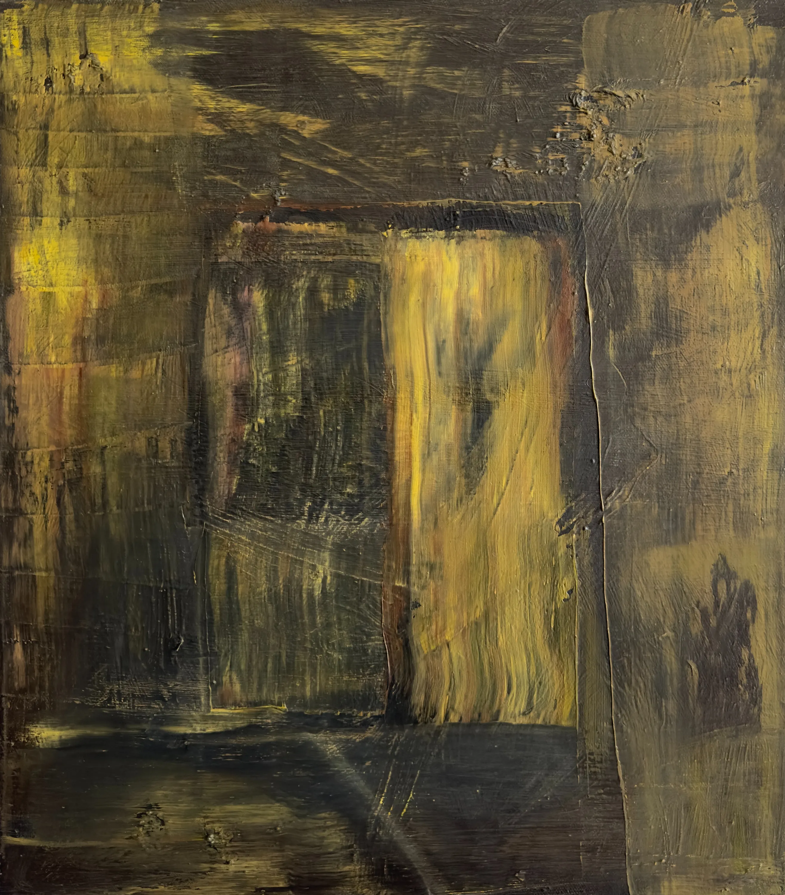 Dark ochre abstract with a glowing yellow door-like shape