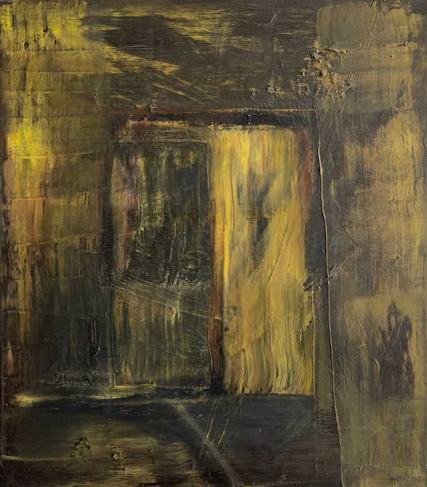Dark ochre abstract with a glowing yellow door-like shape
