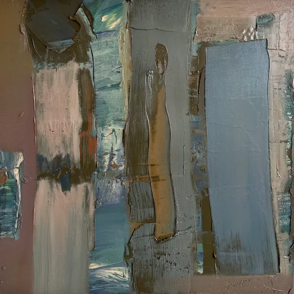 Thick vertical slabs of grey, brown, and pale pink paint