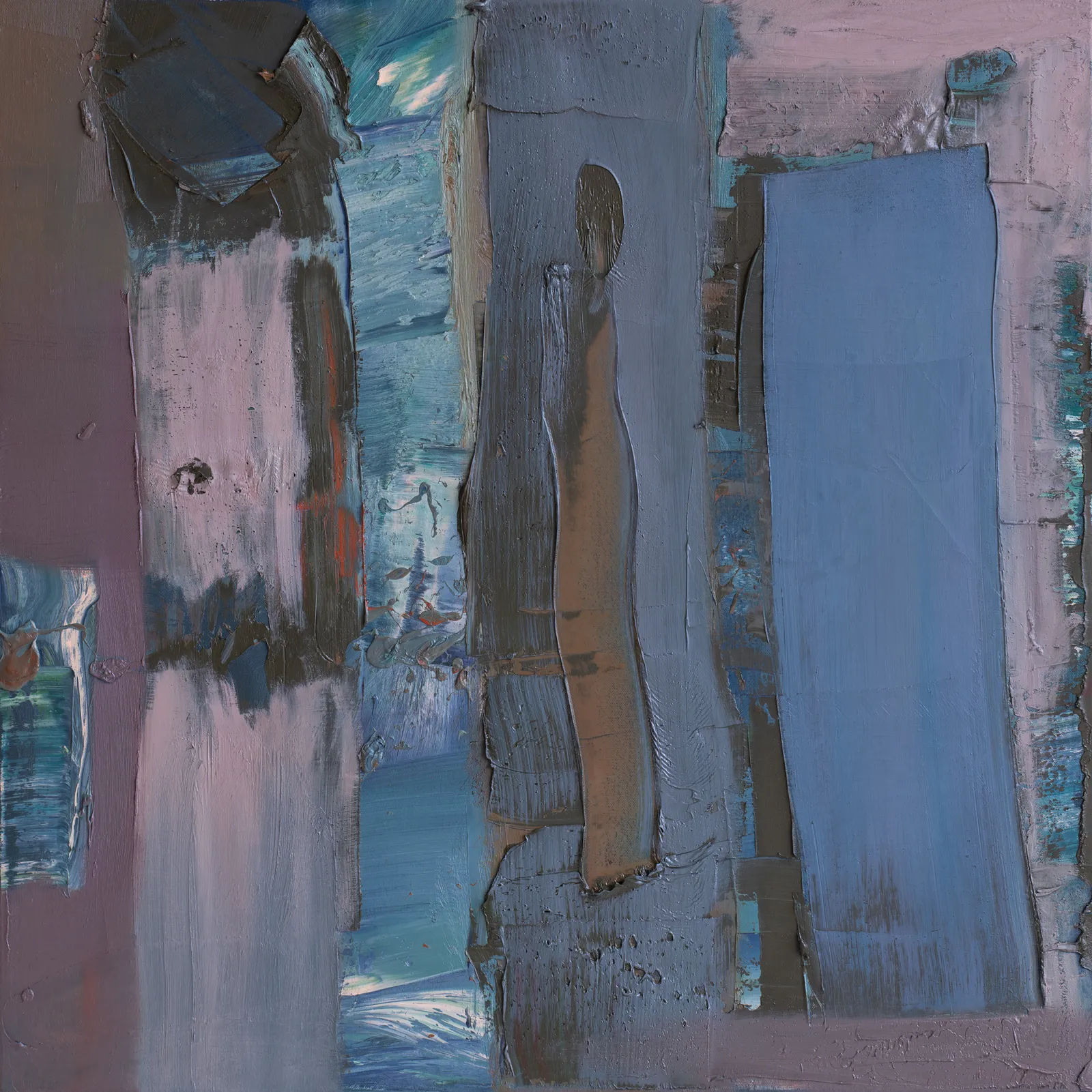 Thick vertical slabs of grey, brown, and pale pink paint